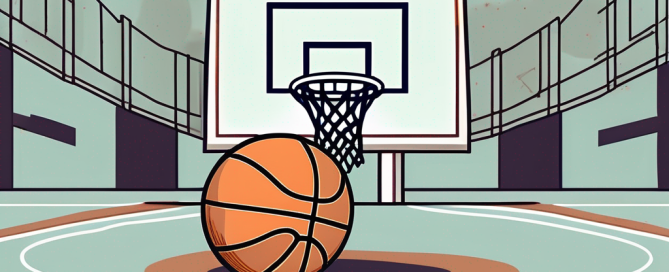 A basketball court with betting chips and a basketball in the foreground